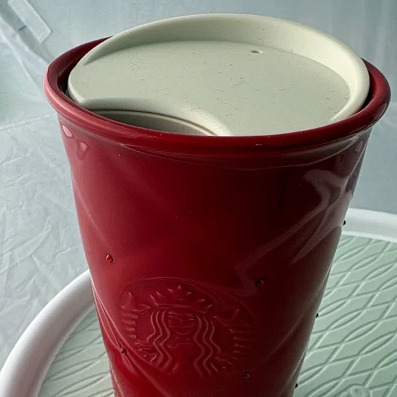 Starbucks RED QUILTED Valentine Swarovski Crystal Ceramic Travel Cup 10 Oz 2016